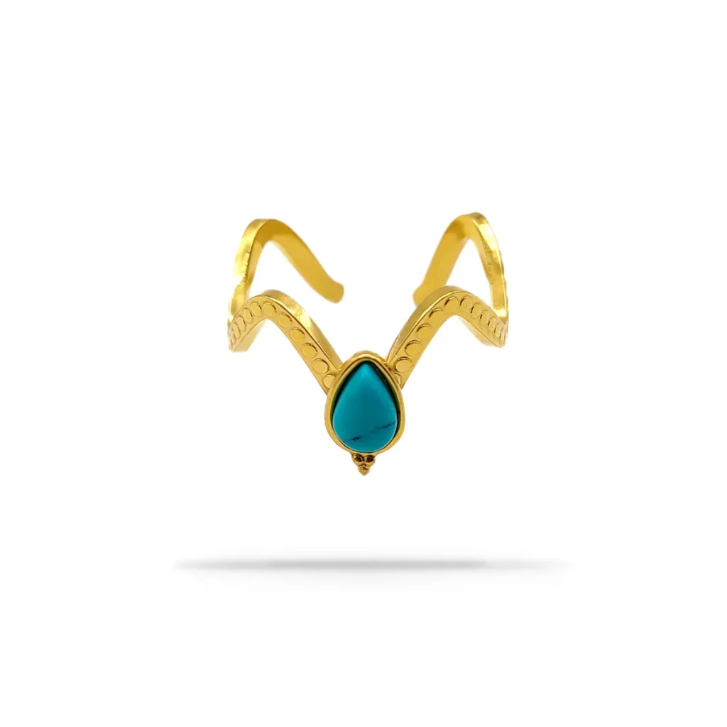 Anillo Acero Inox Dorado Ajustable Slim Zig Zag Turquesa 1