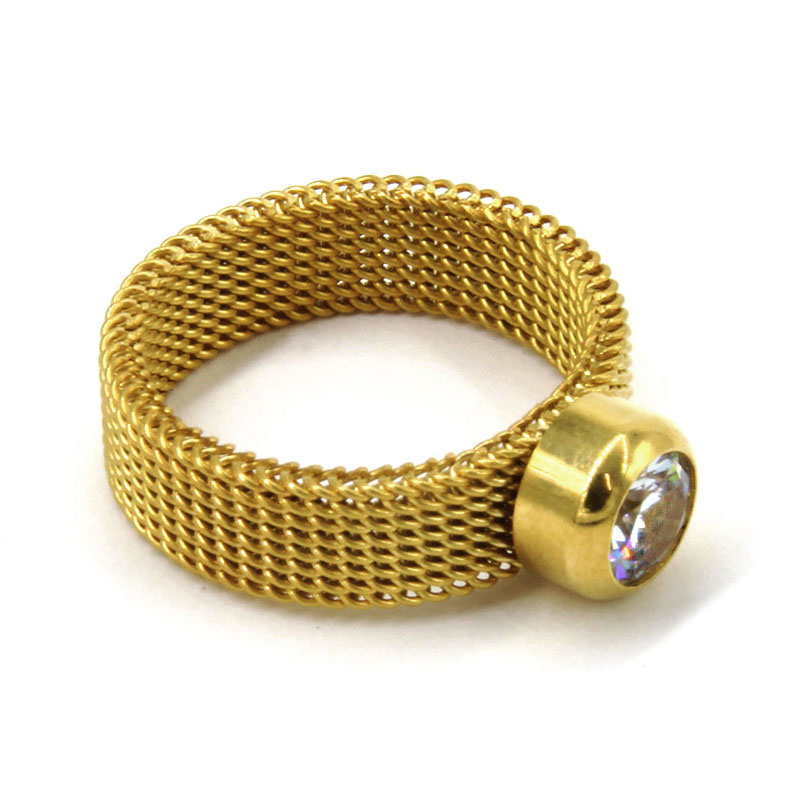 Anillo Acero Inox Dorado Malla Tejida Circular Zirconia 2