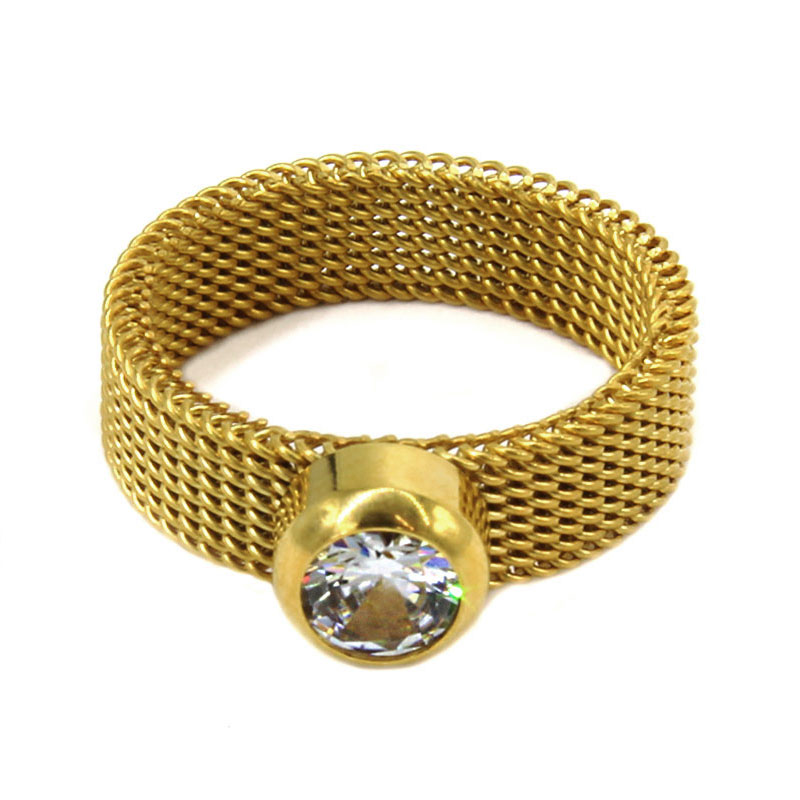 Anillo Acero Inox Dorado Malla Tejida Circular Zirconia
