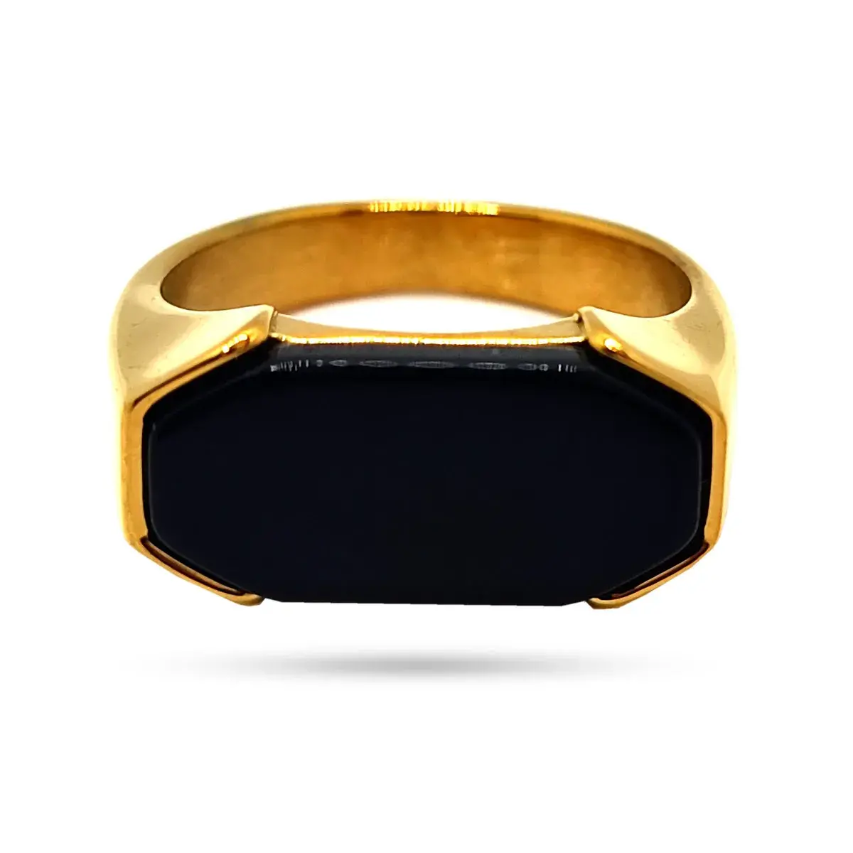 Anillo Acero Inox Dorado Rectangular Piedra Negra