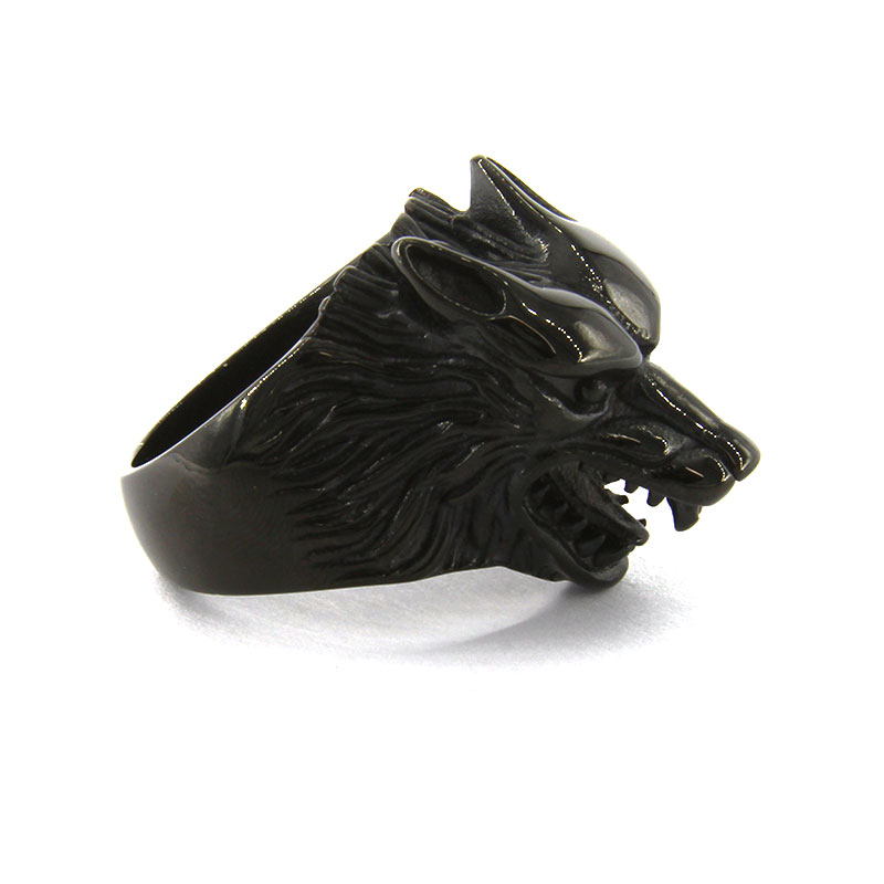 Anillo Acero Inox Negro Hombre Cabeza Lobo Nocturno 3