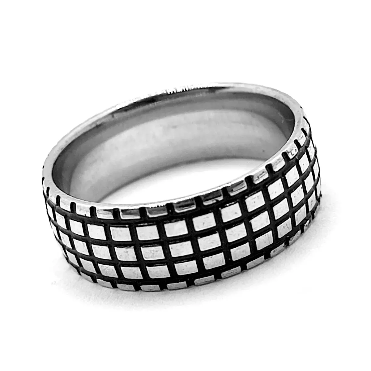 Anillo Acero Inox Plateado Cuadros Lineas Negras Moderno 2