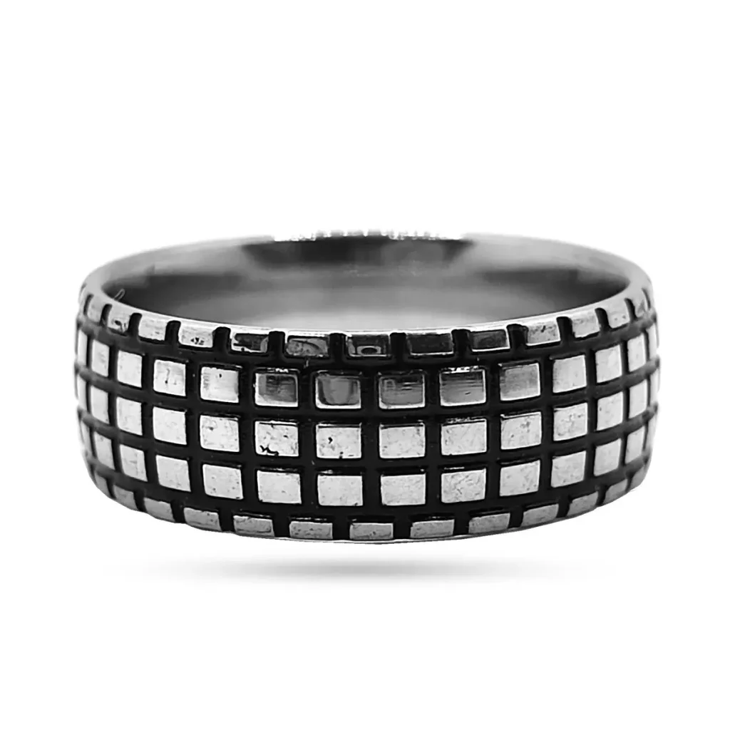 Anillo Acero Inox Plateado Cuadros Lineas Negras Moderno 3