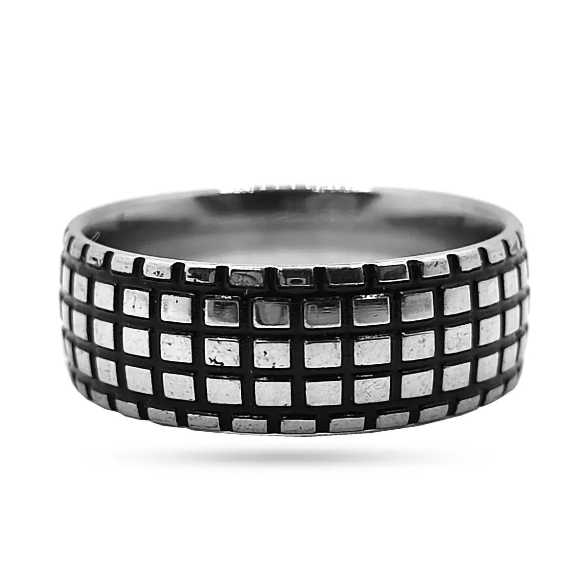 Anillo Acero Inox Plateado Cuadros Lineas Negras Moderno 3