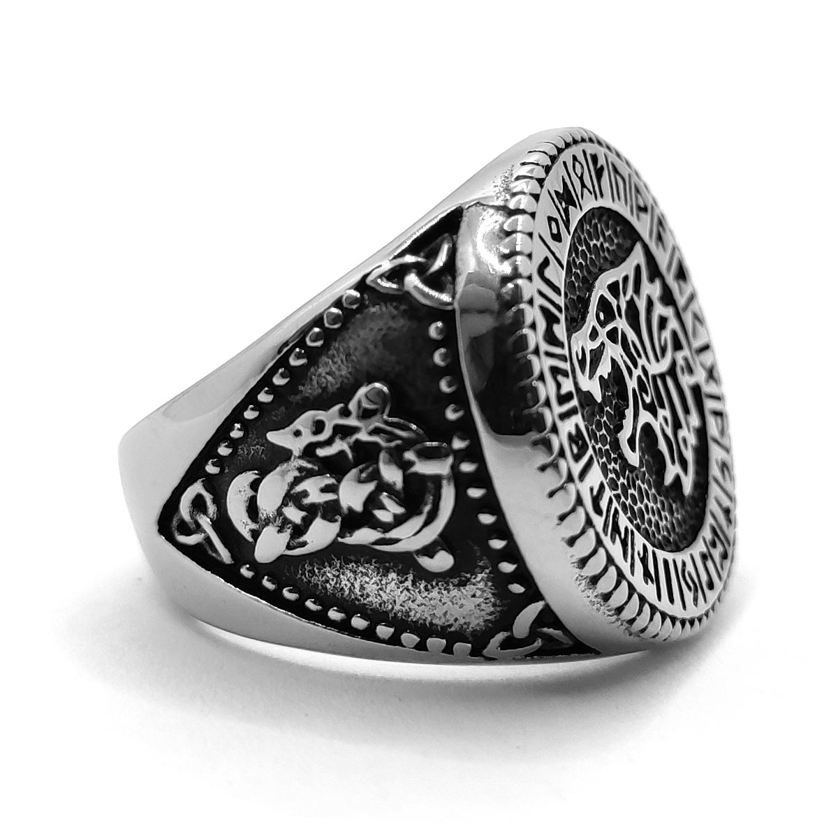 Anillo Acero Inox Plateado Lobo Vegvisir Runas Vikingas 2
