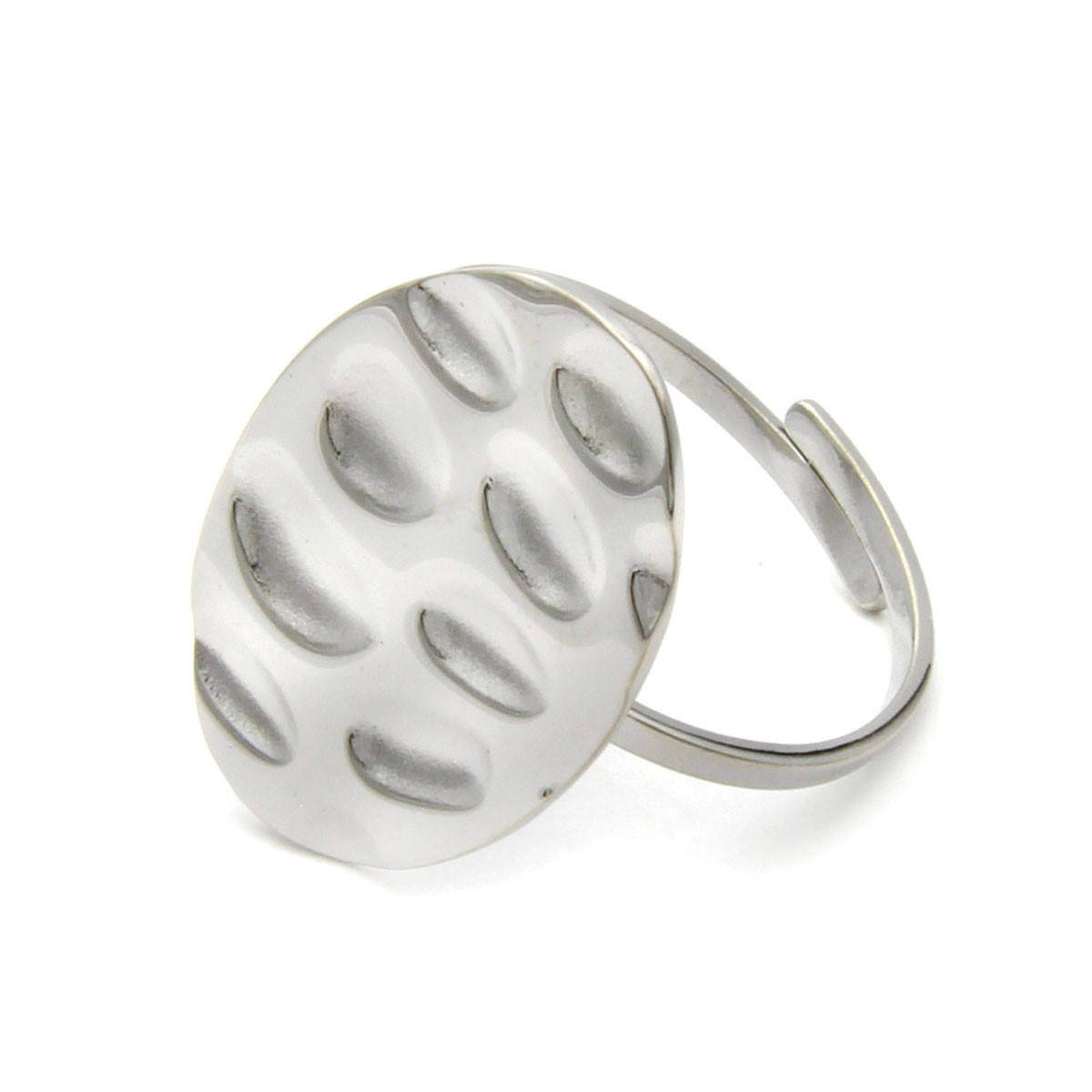 Anillo Acero Inox Plateado Martillado Ajustable Ovalado 2