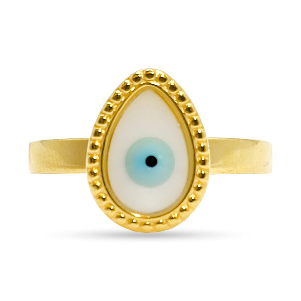 Anillo Acero Inoxidable Dorado Ojo Azul Madre Perla 1
