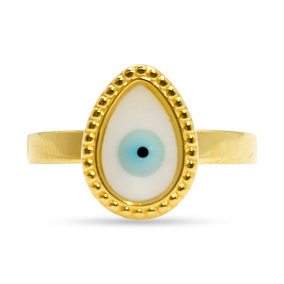 Anillo Acero Inoxidable Dorado Ojo Azul Madre Perla 1