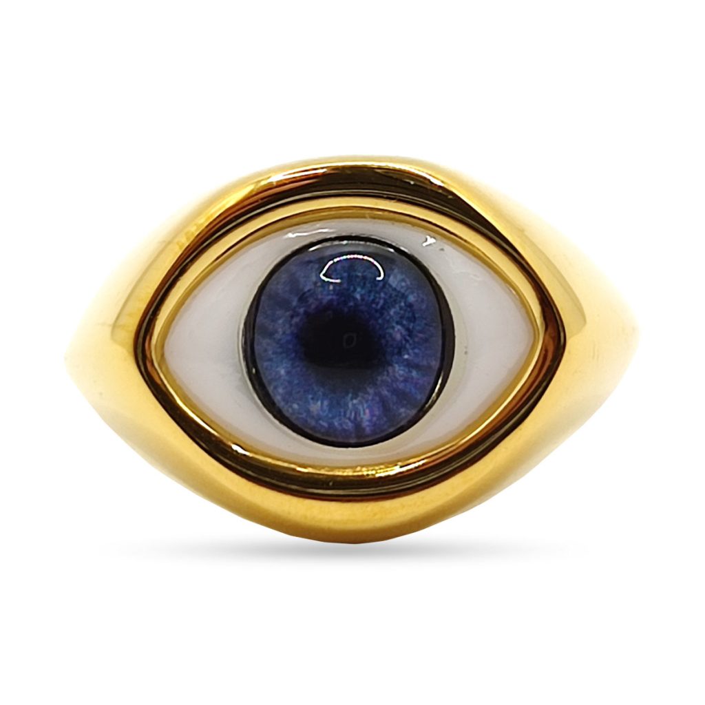 Anillo Acero Inoxidable Dorado Ojo Azul Realista 1