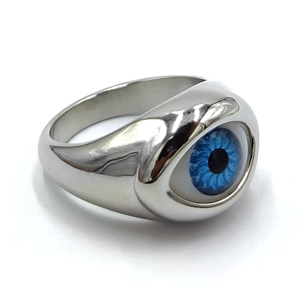 Anillo Acero Inoxidable Plateado Ojo Azul Realista 2