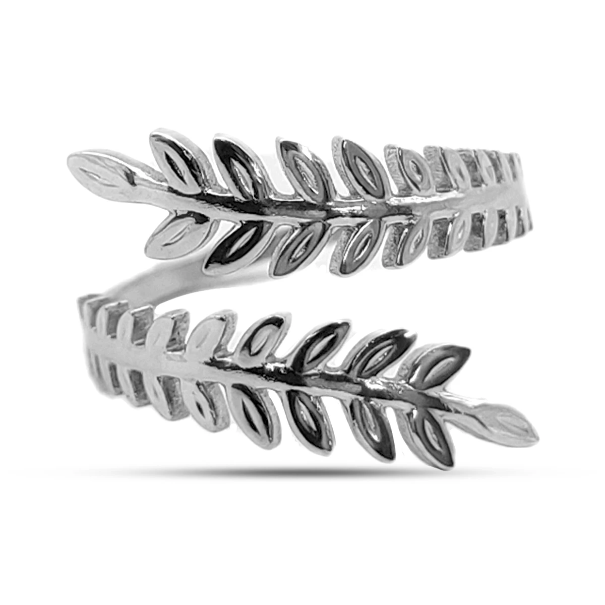 Anillo Acero Plateado Ajustable Doble Espiga Hojas 2