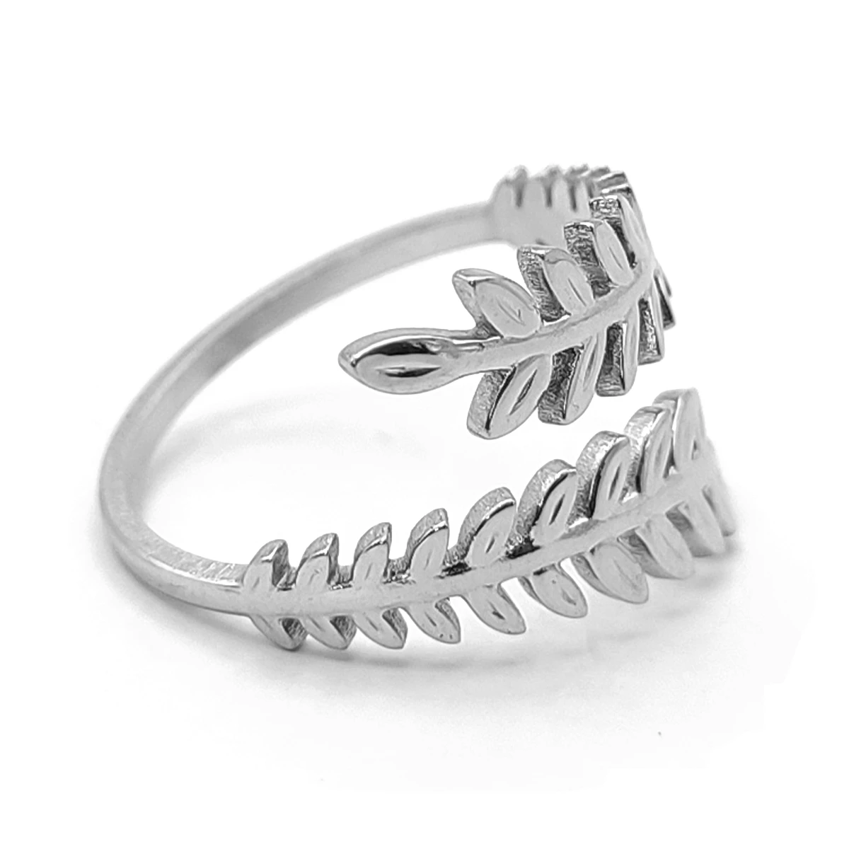 Anillo Acero Plateado Ajustable Doble Espiga Hojas 3