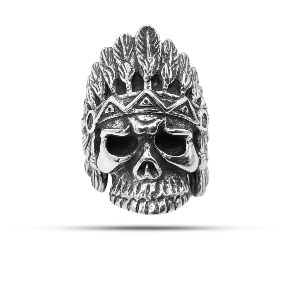 Anillo Acero Plateado Craneo Calavero Penacho Plumas 1