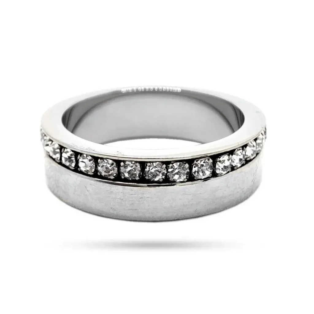 Anillo Acero Plateado Elegante Argolla Linea Zirconias 1