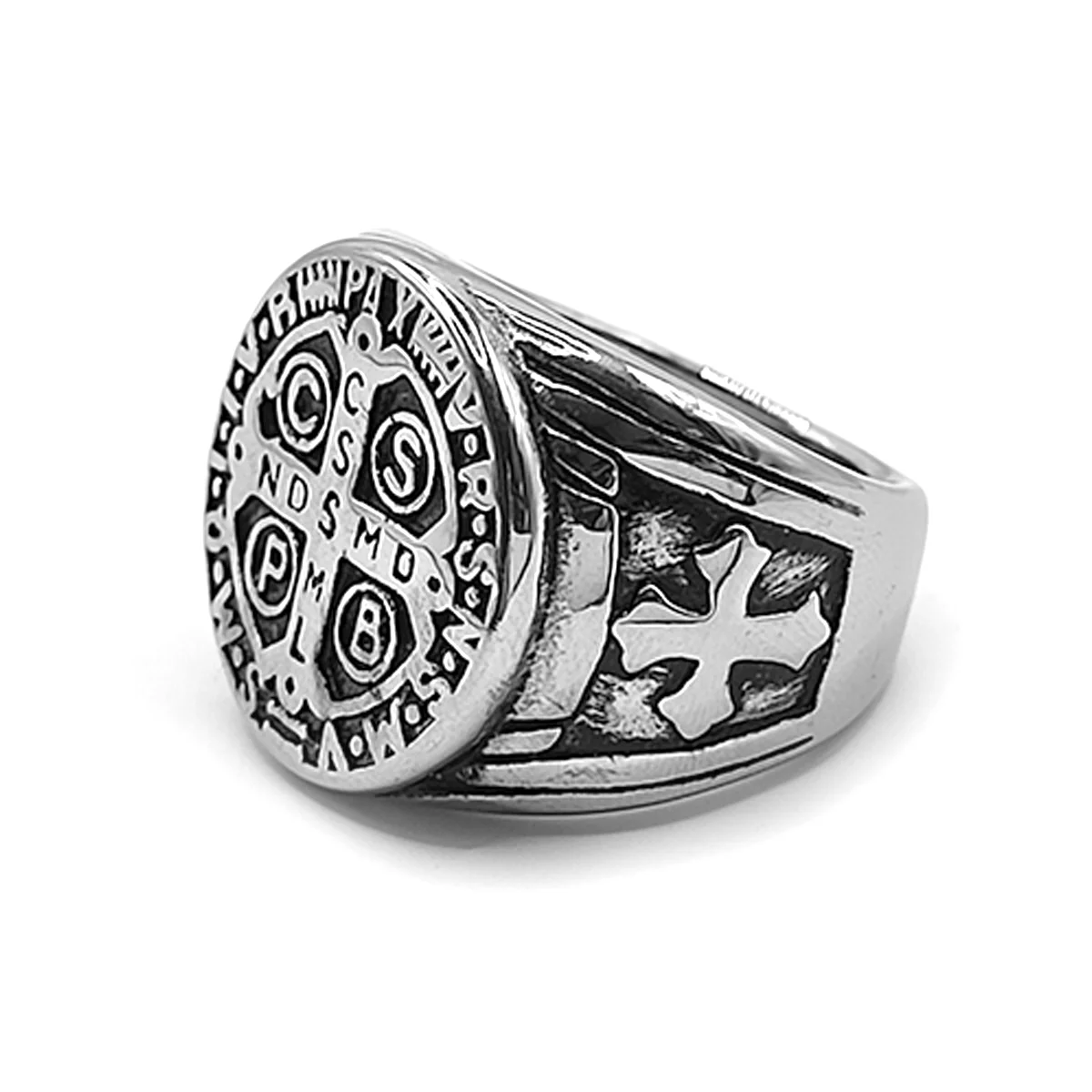 Anillo Acero Plateado Hombre Cruz San Benito Proteccion 2