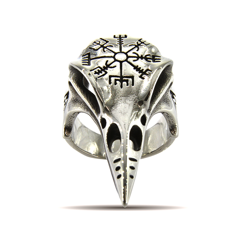 Anillo Acero Plateado Hombre Cuervo Valknut Vegvisir