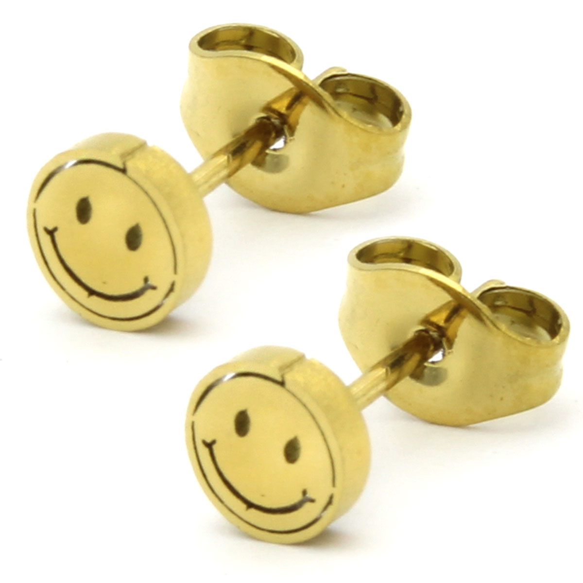 Arete Tipo Broquel Acero Dorado Mini carita Feliz Smile 2