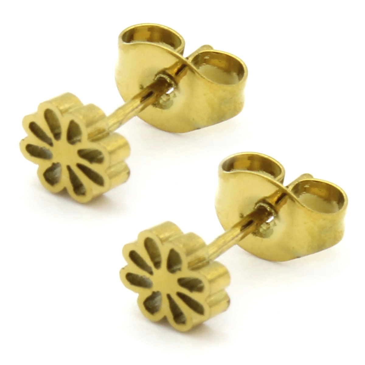 Arete Tipo Broquel Acero Dorado Pequena Flor Lisa 2