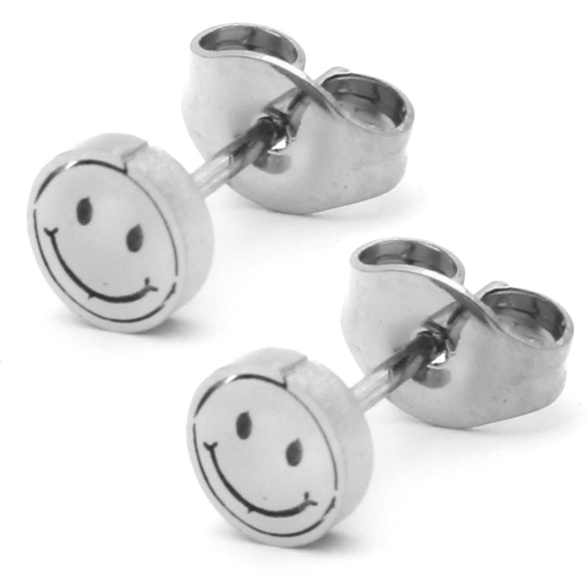 Arete Tipo Broquel Acero Plateado Mini carita Feliz Smile 2