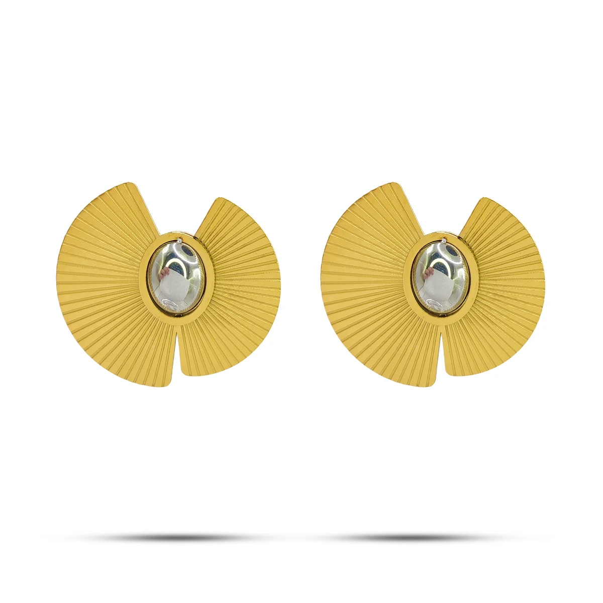 Aretes Acero Bicolor Abanico Lineal Centro Ovalo Elegante 1