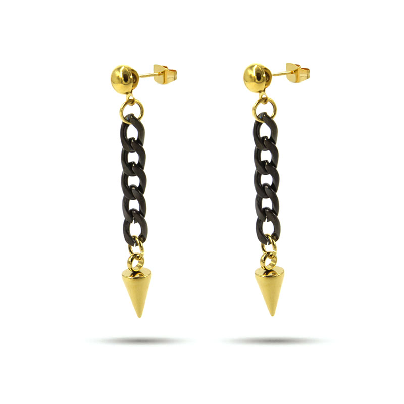 Aretes Acero Cadena Larga Negra Punta Pendular Dorado 1