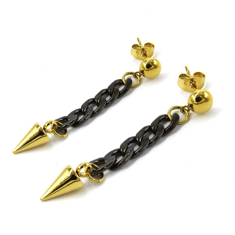 Aretes Acero Cadena Larga Negra Punta Pendular Dorado 2