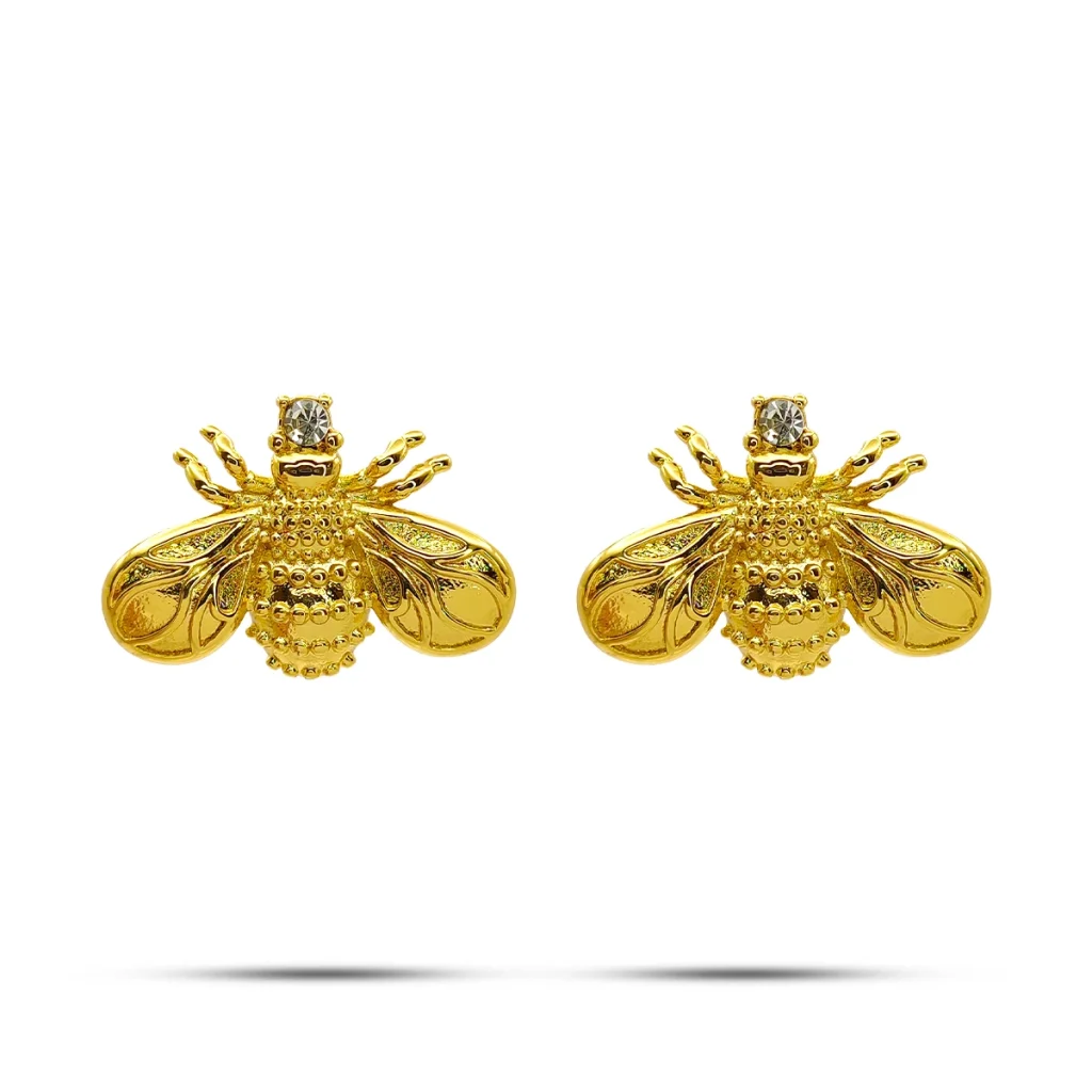 Aretes Acero Dorado Abejas Zirconia Redonda Elegante 2
