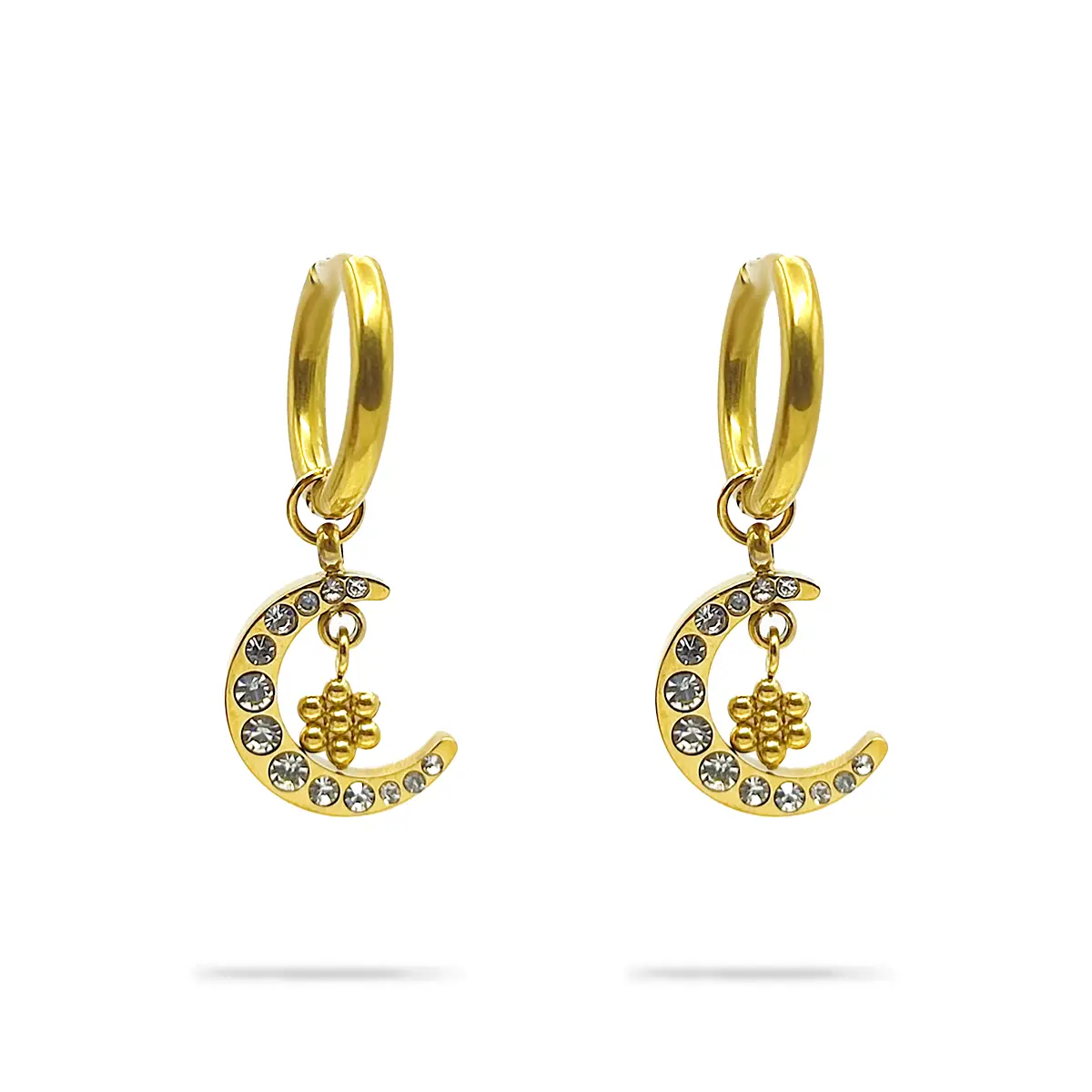Aretes Acero Dorado Arracada Colgante Luna Flor Zirconia 1