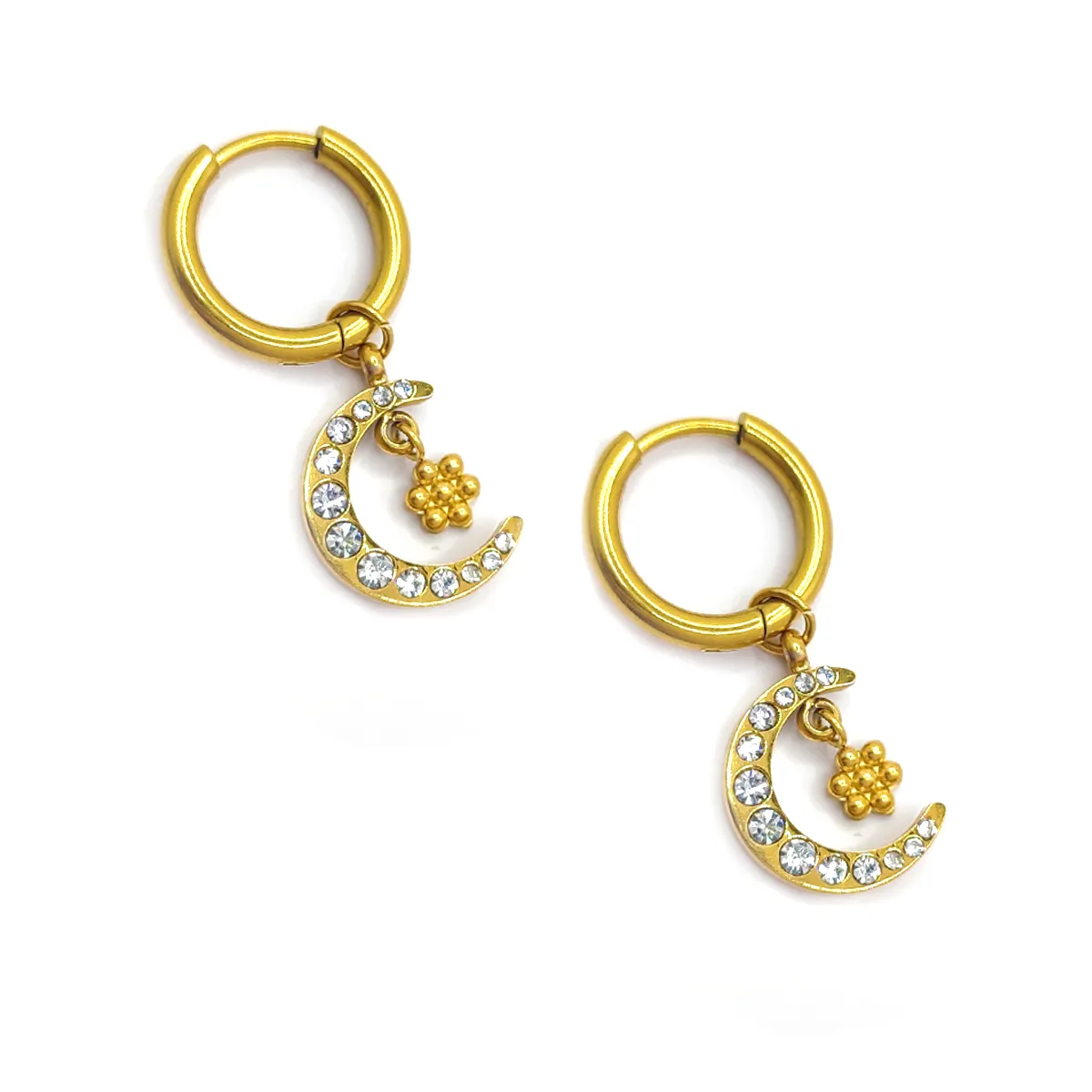 Aretes Acero Dorado Arracada Colgante Luna Flor Zirconia 3