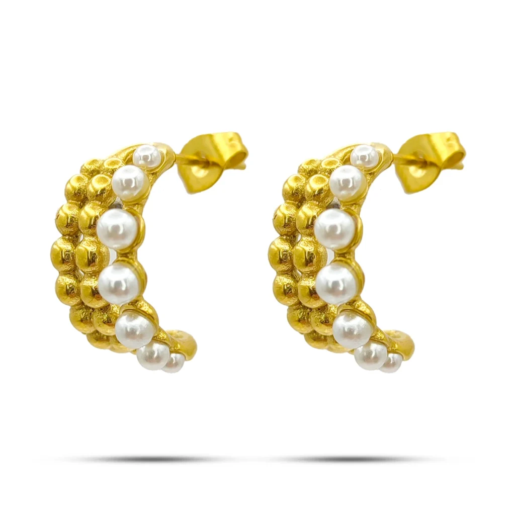 Aretes Acero Dorado Arracada Triple Perla Bolitas 18 mm 3