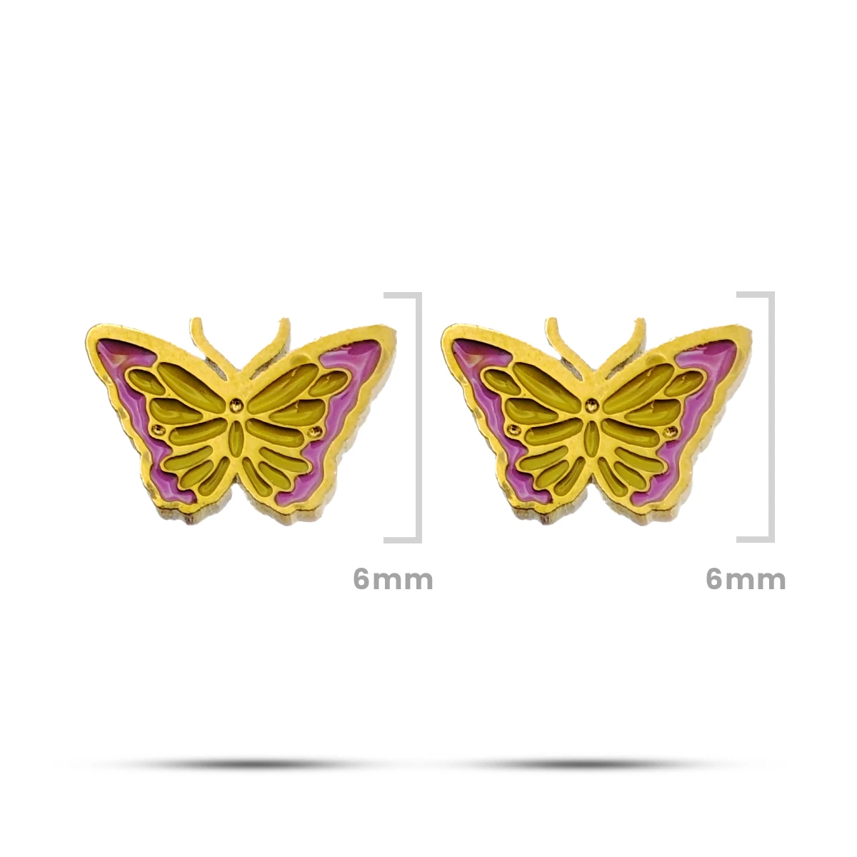 Aretes Acero Dorado Broquel Mariposa Esmaltado Rosa 1