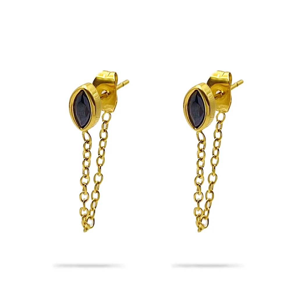 Aretes Acero Dorado Broquel Marquesa Negro con Cadena 3