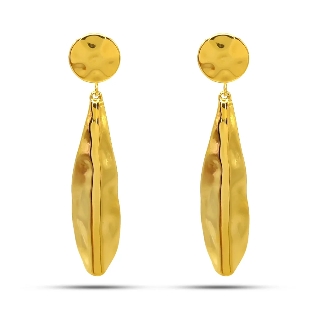 Aretes Acero Dorado Circulo Hoja Martillada Colgante 2