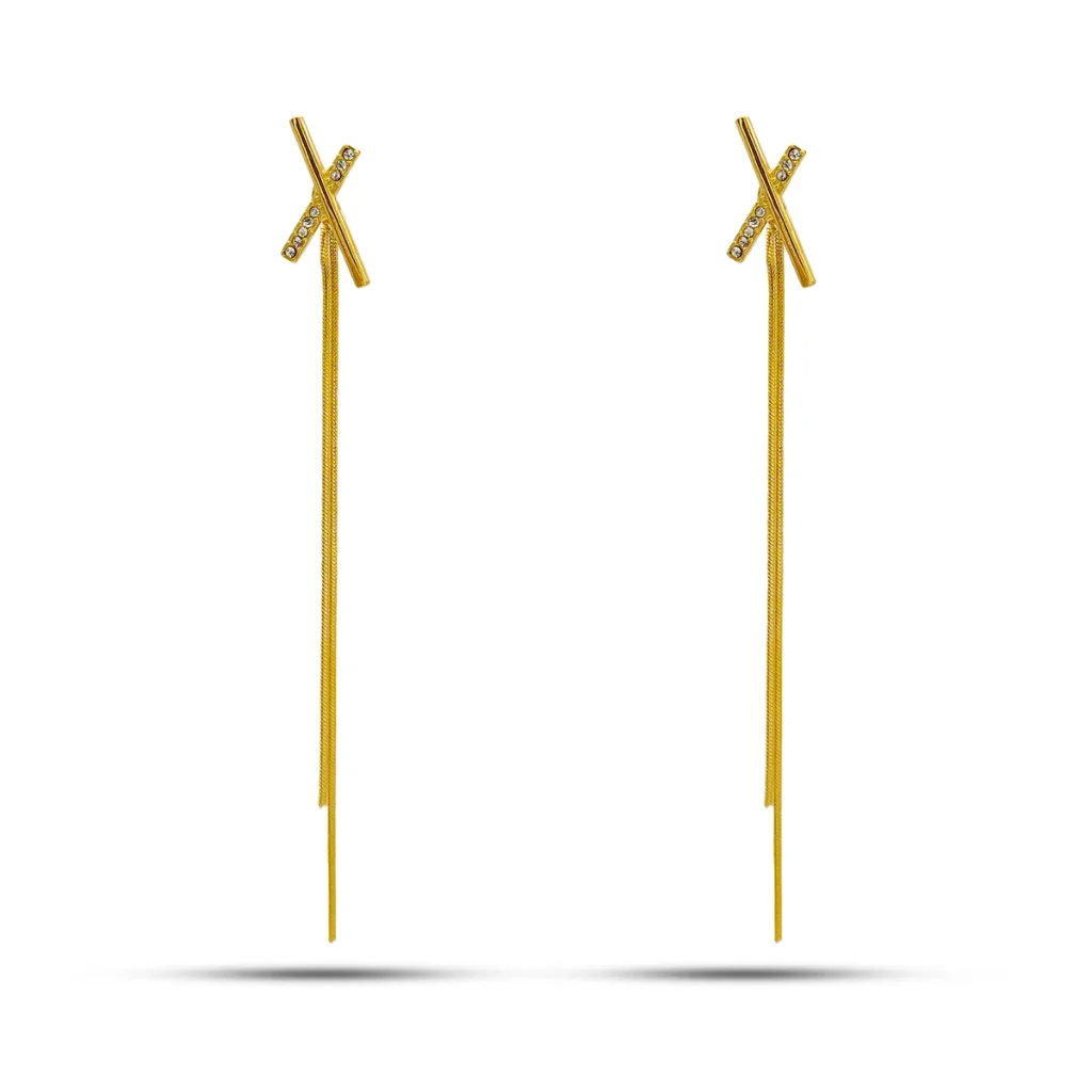 Aretes Acero Dorado Cruz Zirconia Cadena Largos Elegante 1