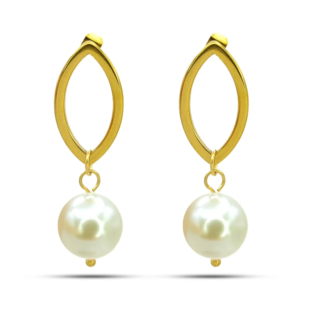 Aretes Acero Dorado Figura Marquesa Hueca Colgante Perla 2