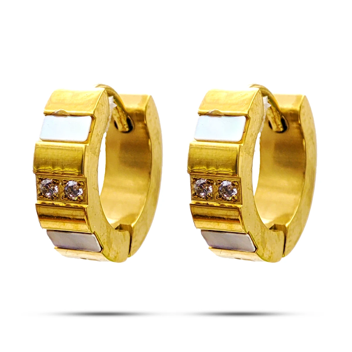 Aretes Acero Dorado Huggies Bandas Madre Perla Cristales 3