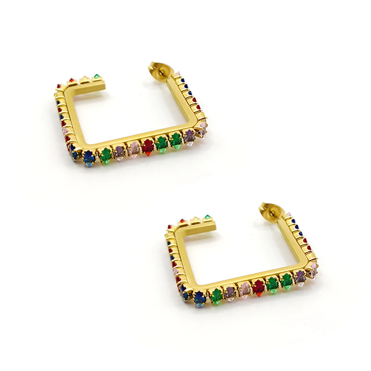 Aretes Acero Dorado Inox Cristales Multicolor Cuadradas 1