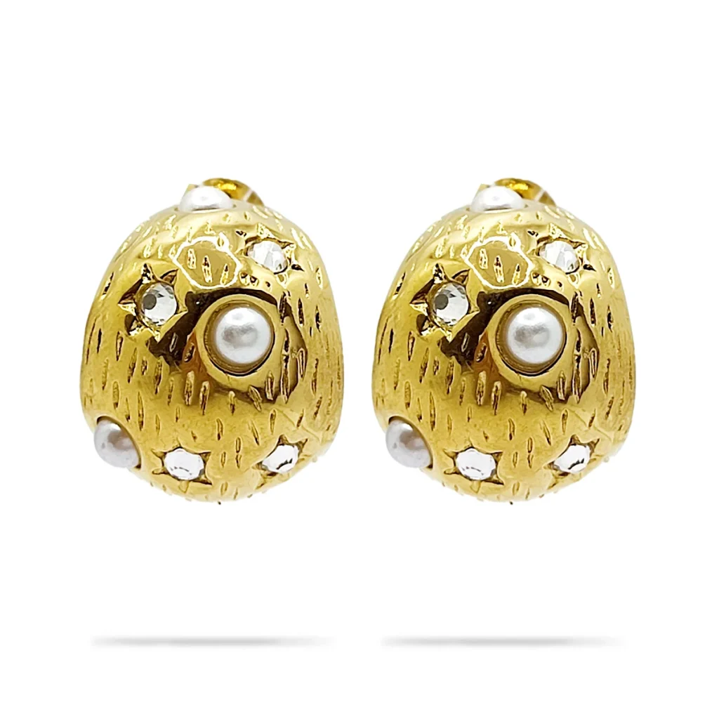 Aretes Acero Dorado Media Arracada Chunky Perla y Cristal 2
