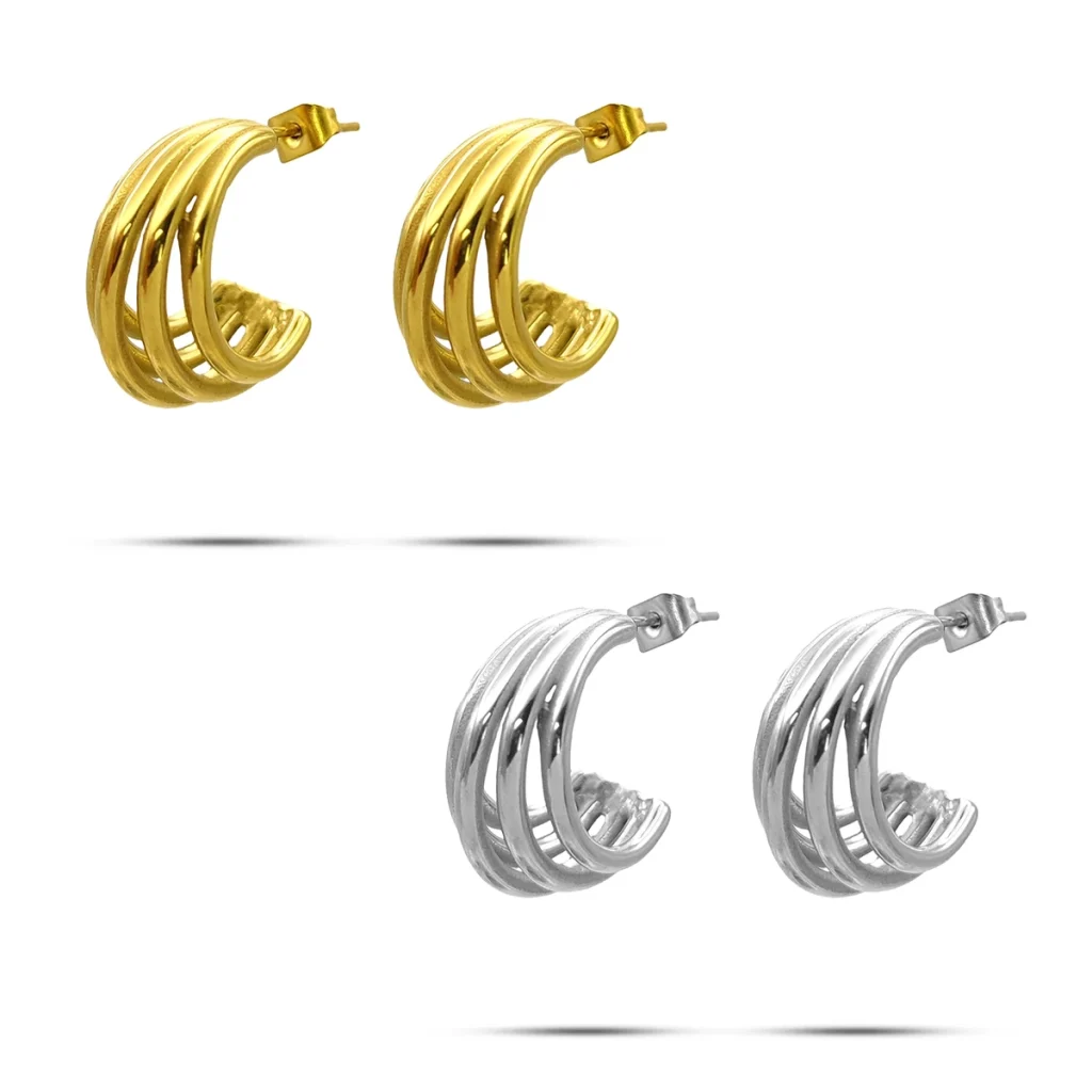 Aretes Acero Dorado Media Arracada Cinco Lineas Tubulares