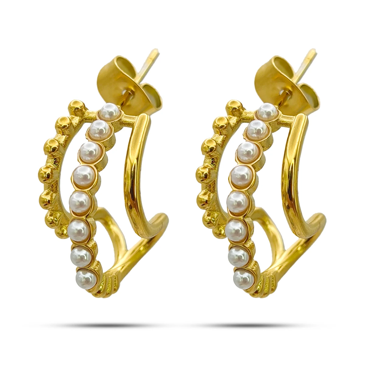 Aretes Acero Dorado Media Arracada Triple Fila Perlas 2