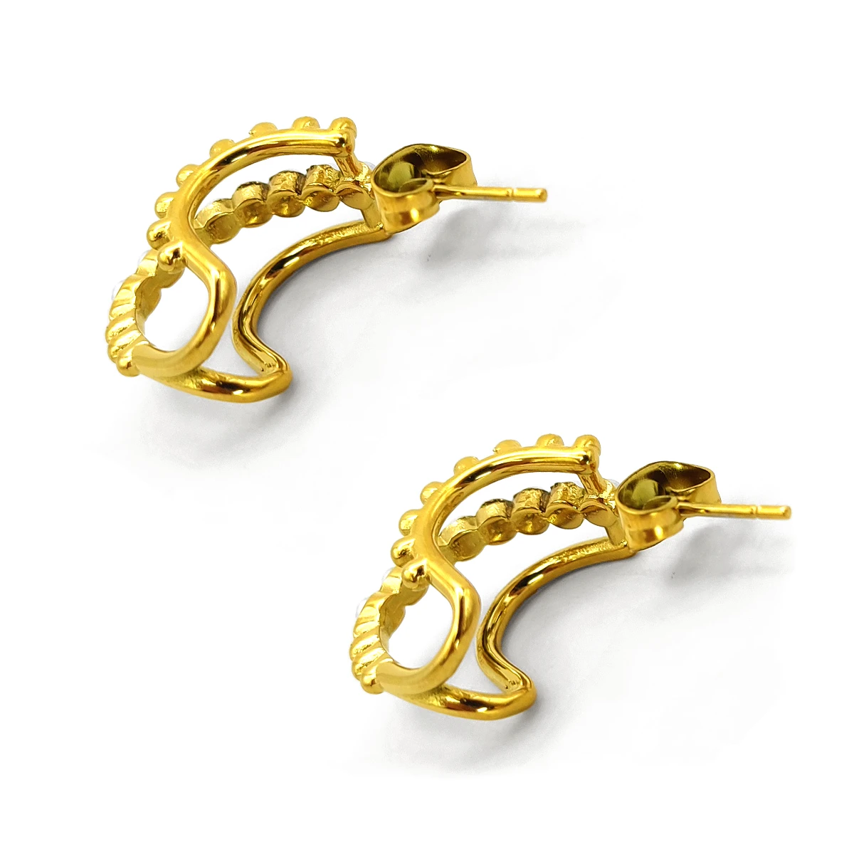 Aretes Acero Dorado Media Arracada Triple Fila Perlas 3