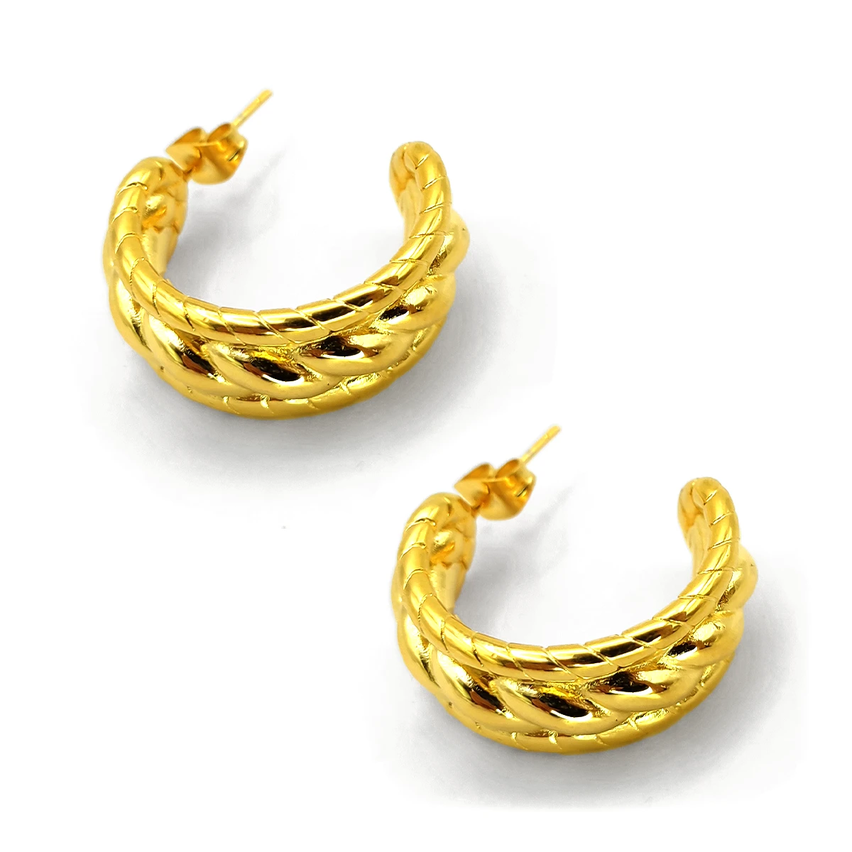 Aretes Acero Dorado Media Arracada Triple Trenza Chunky 1