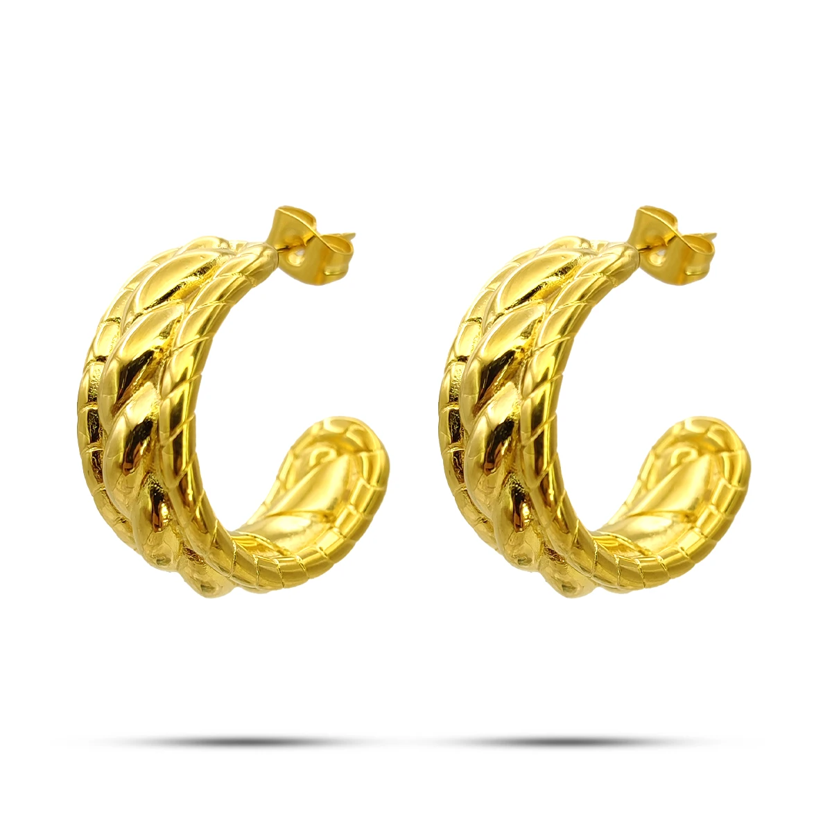 Aretes Acero Dorado Media Arracada Triple Trenza Chunky 2