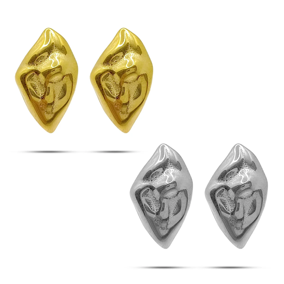 Aretes Acero Dorado Rombo Irregular Martillado Pequeno