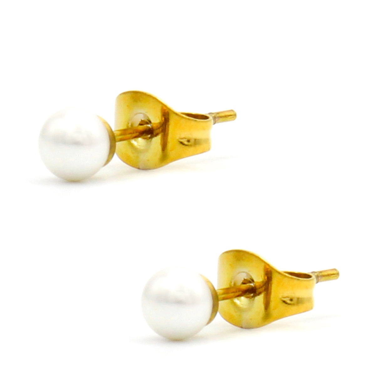 Aretes Acero Dorado Tipo Broquel Imitacion Perla 4mm 2