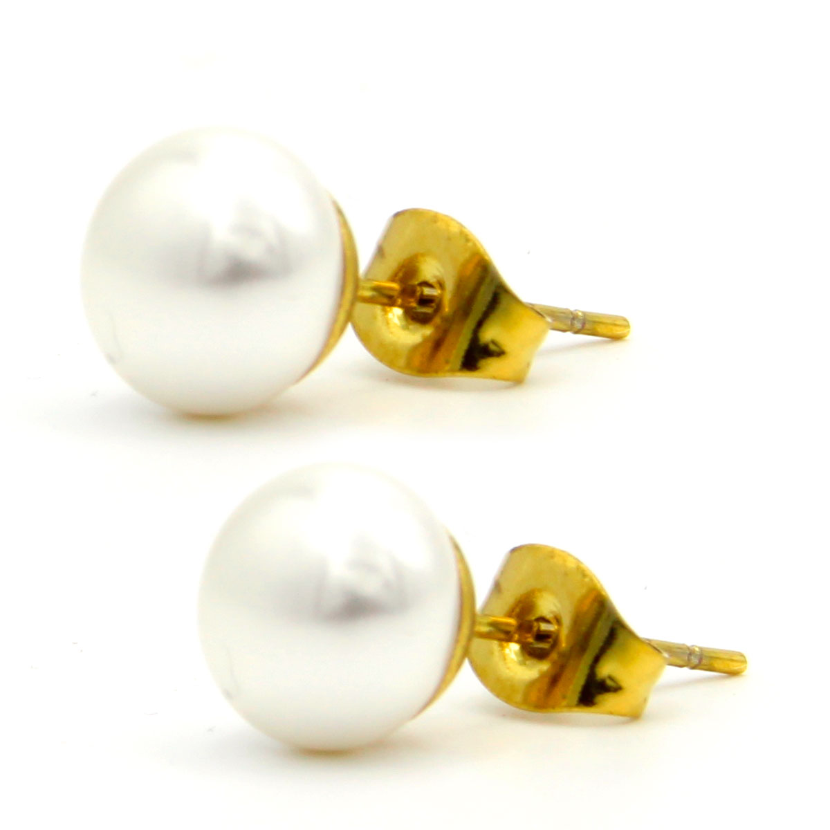 Aretes Acero Dorado Tipo Broquel Imitacion Perla 8mm 2