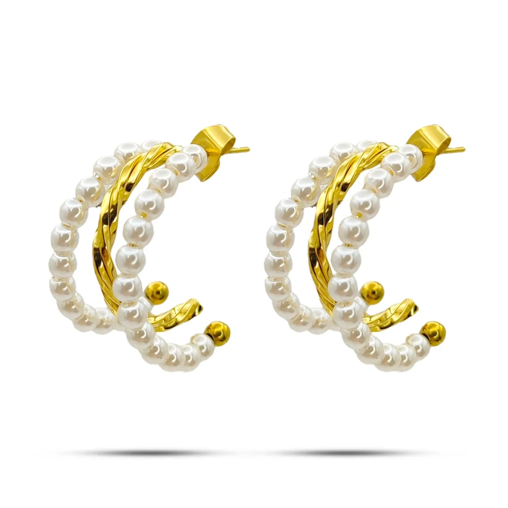 Aretes Acero Dorado Triple Arracadas Torcidas Perlas 3