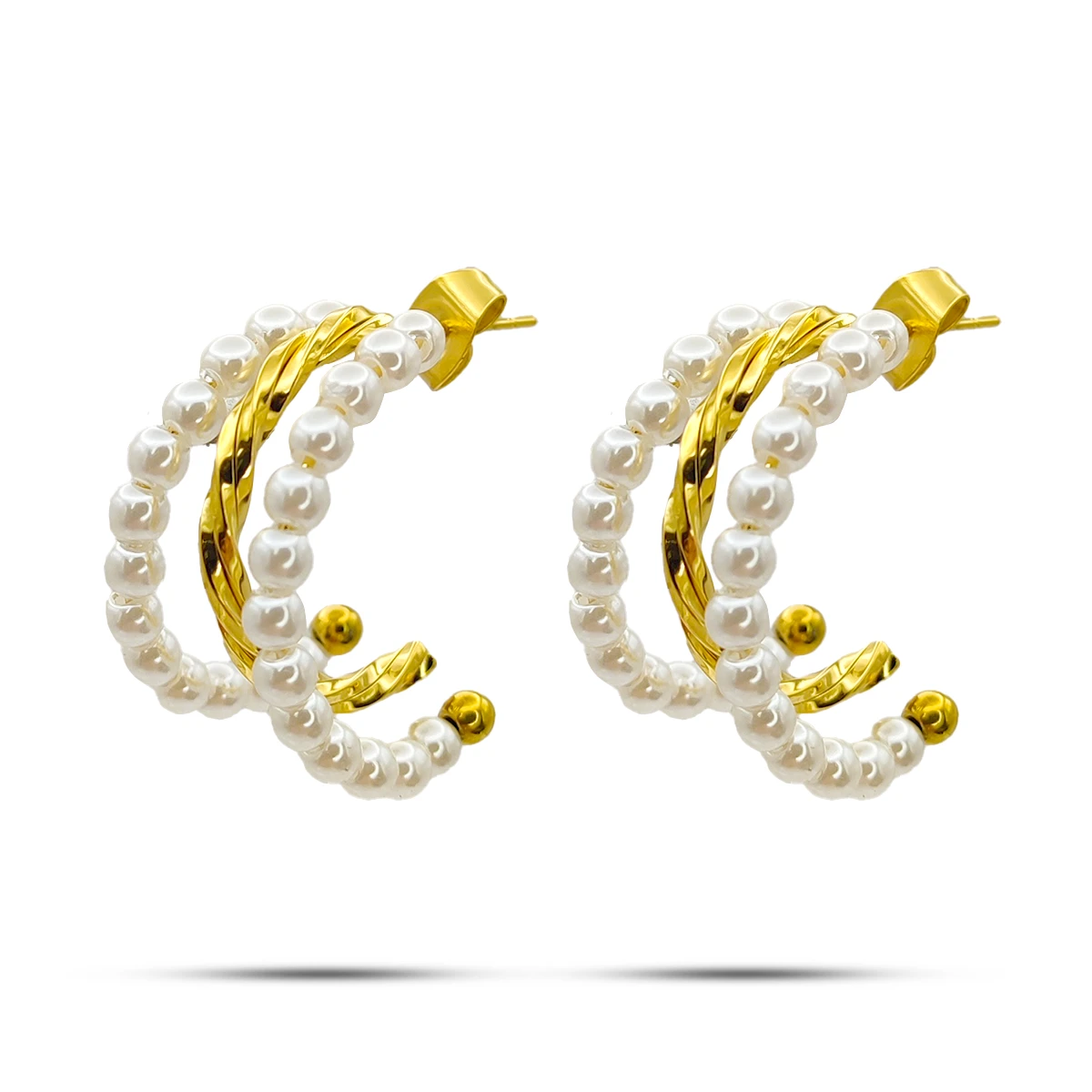Aretes Acero Dorado Triple Arracadas Torcidas Perlas 3