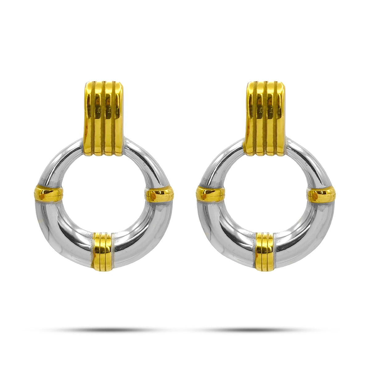 Aretes Acero Inox Bicolor Circulo Hueco Textura Lineas 2