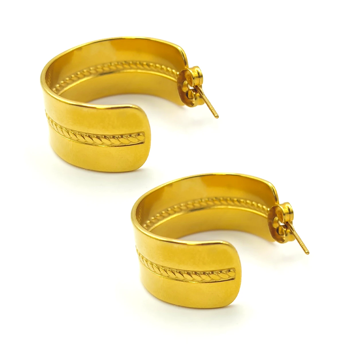 Aretes Acero Inox Dorado Arracadas Anchas Canal Trenzado 2